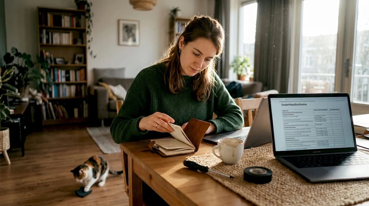 Een vrouw bekijkt het onderhoudsplan van haar groepenkast in huis.