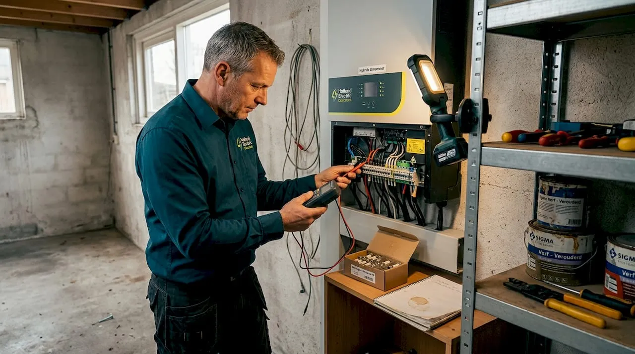 Een elektricien voert een inspectie uit aan de hybride omvormer.