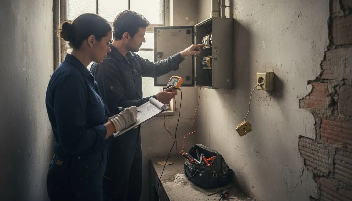 Een elektricien controleert of de meterkast nog veilig is en voldoet aan de huidige normen.