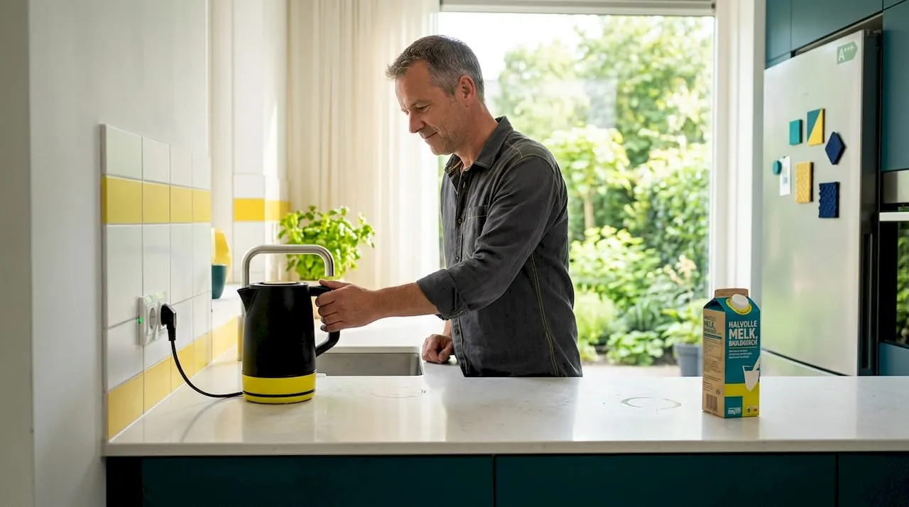 Man trekt stekker van waterkoker uit het stopcontact in de keuken