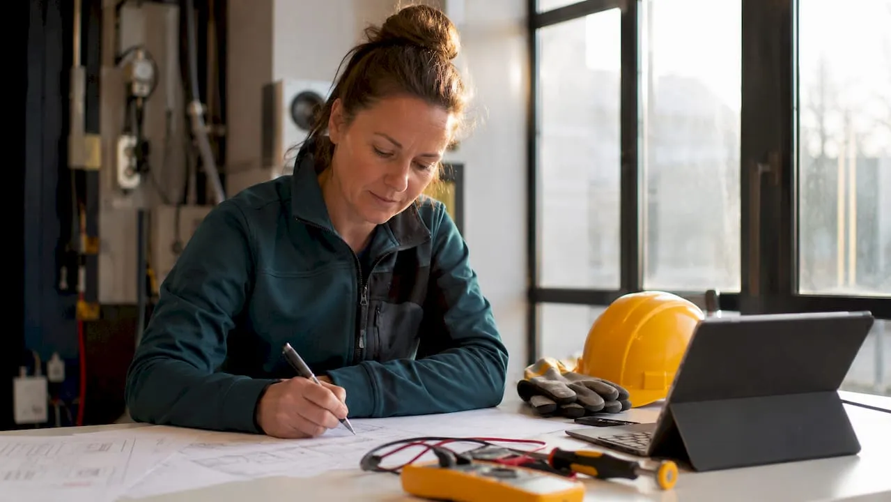 Een elektricien zit aan tafel en werkt zijn lijst met veiligheidscontroles bij.