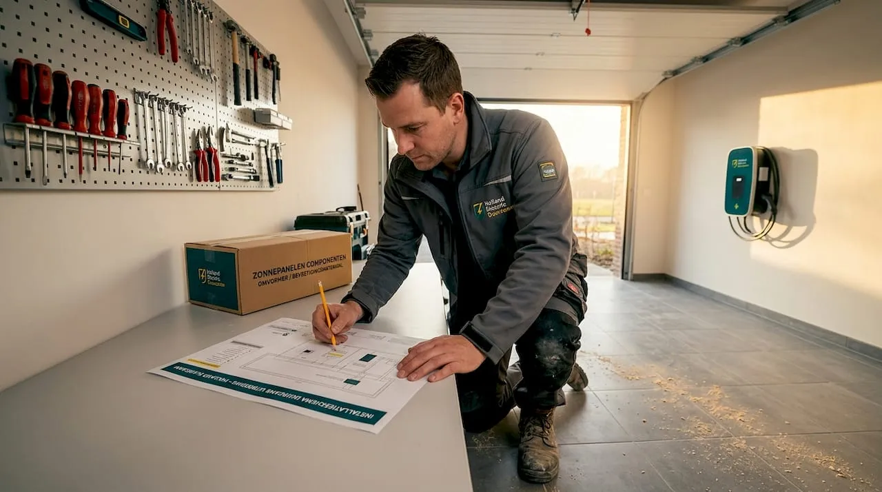 Een elektricien controleert het installatieschema bij de meterkast.