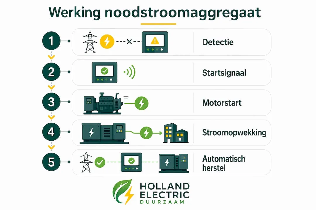 Overzichtelijke infographic met stapsgewijze uitleg voor het veilig gebruik van een noodgenerator