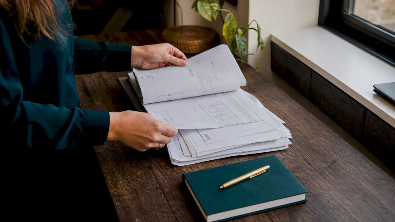 Detailopname van handen die bezig zijn met het sorteren van certificaten