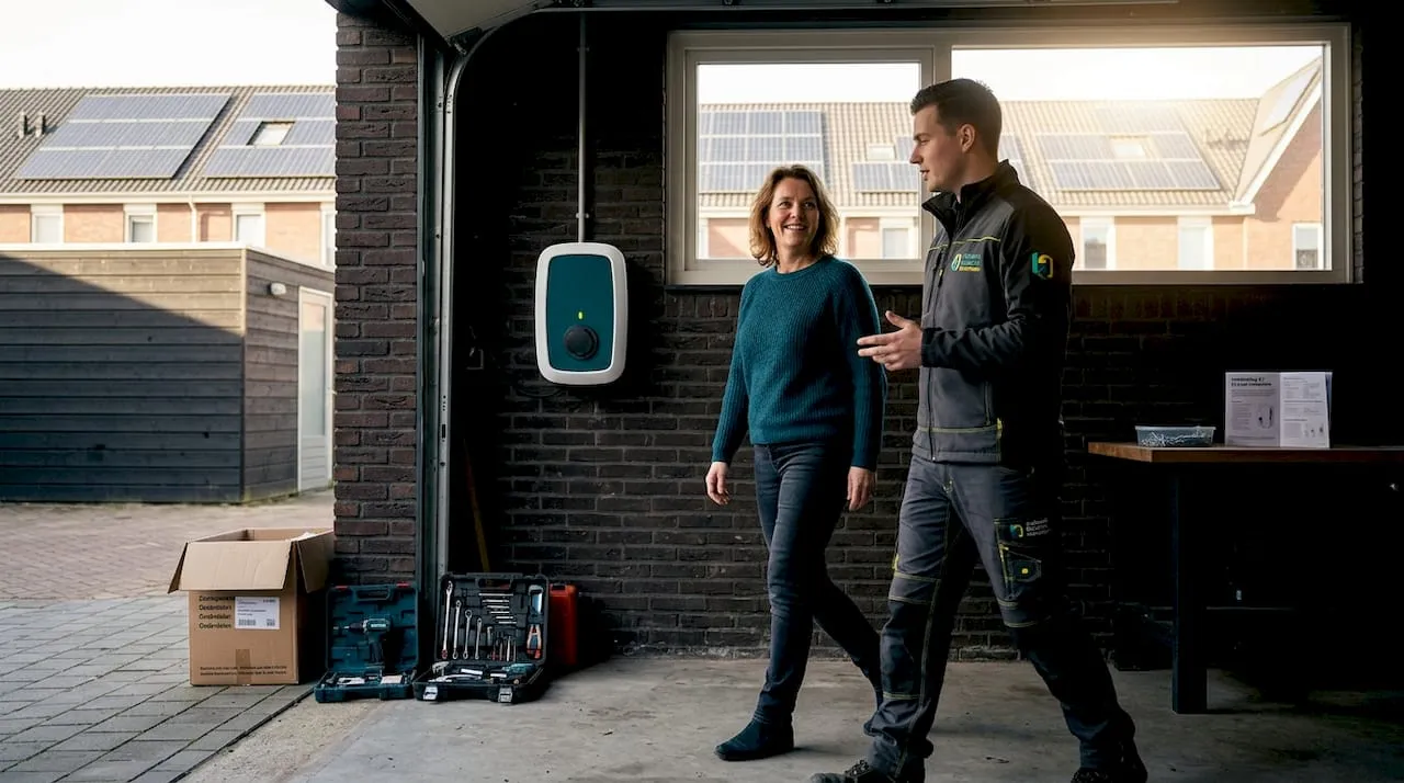 Een installateur overlegt samen met de woningeigenaar in de garage over de mogelijkheden voor een laadpaal.