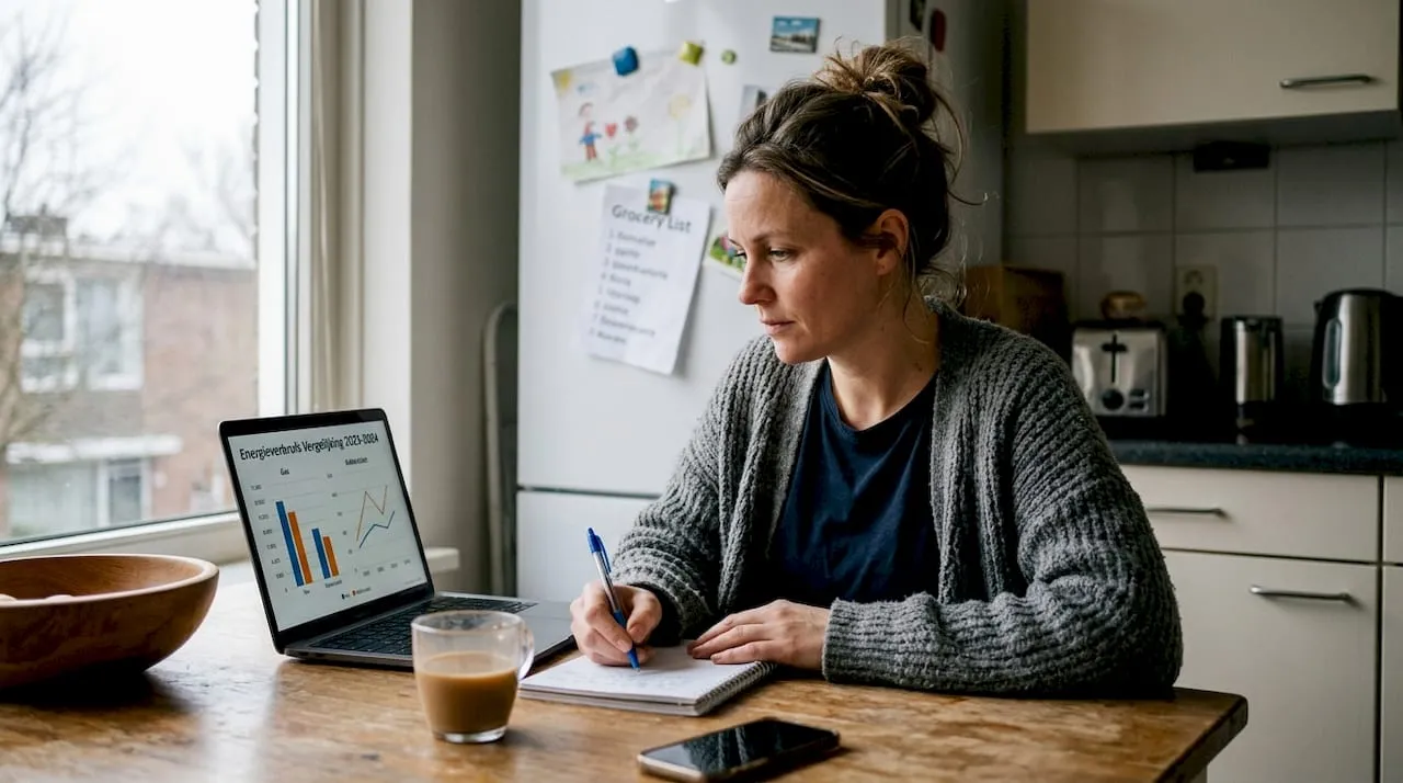 Een vrouw checkt haar energieverbruik op de laptop terwijl ze aan de eettafel zit.