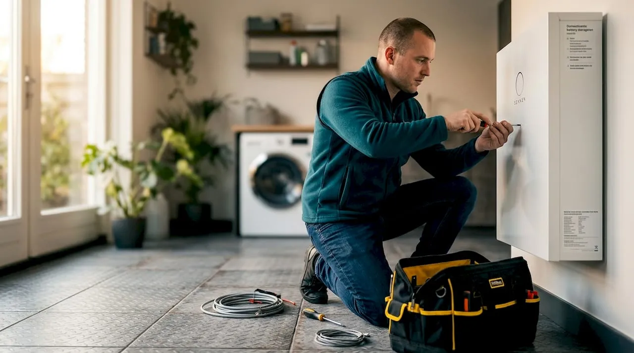Een installateur plaatst een thuisbatterij in de garage.