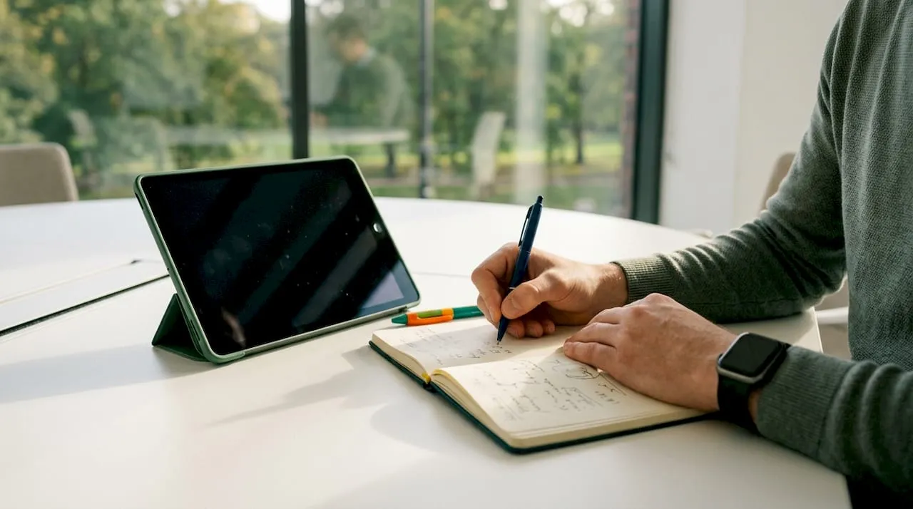 Iemand zit aan een bureau en maakt aantekeningen op een notitieblok, terwijl er een tablet naast ligt.