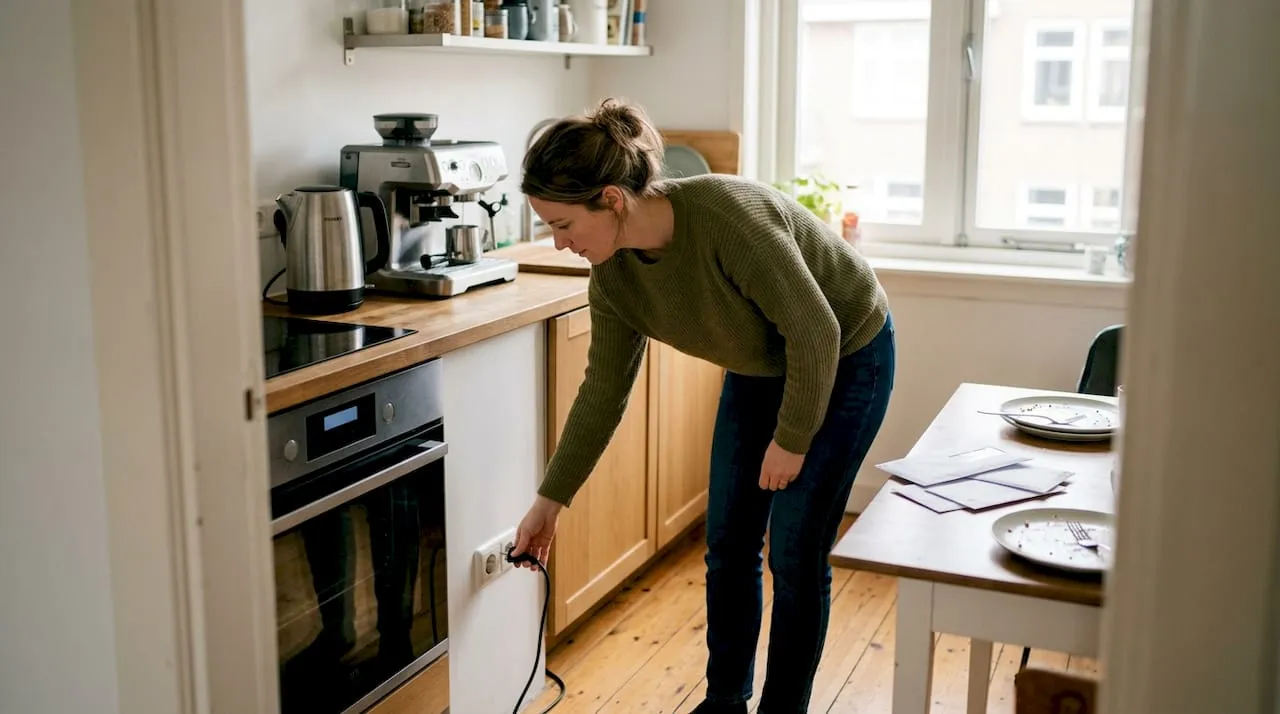 Vrouw haalt stekker uit het stopcontact na storing in keukenapparaat