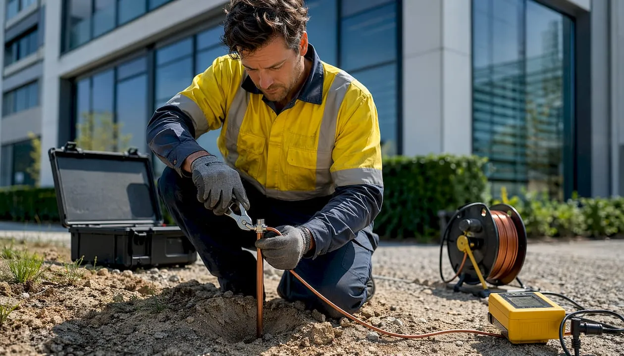 Een monteur plaatst de aardingspen in de grond en sluit deze vakkundig aan.