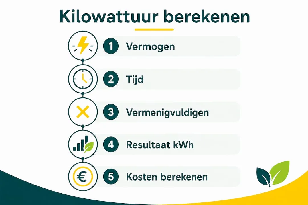 Overzichtelijke infographic waarin stap voor stap wordt uitgelegd hoe je het aantal kilowattuur berekent.
