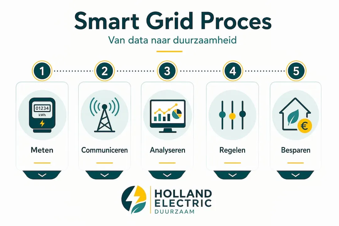 Overzichtelijke infographic met de vijf belangrijkste stappen van een smart grid in beeld gebracht.