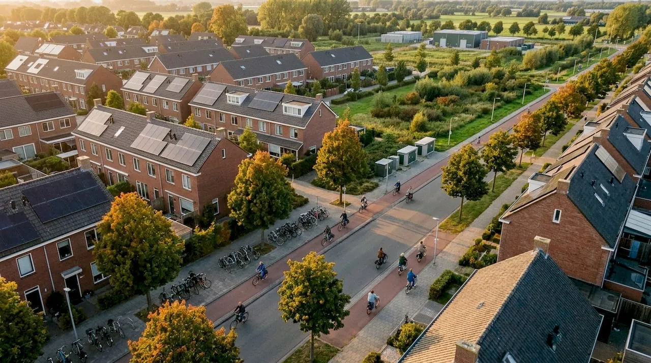 Dronefoto van een moderne woonwijk met daken vol zonnepanelen en een slim energienetwerk.