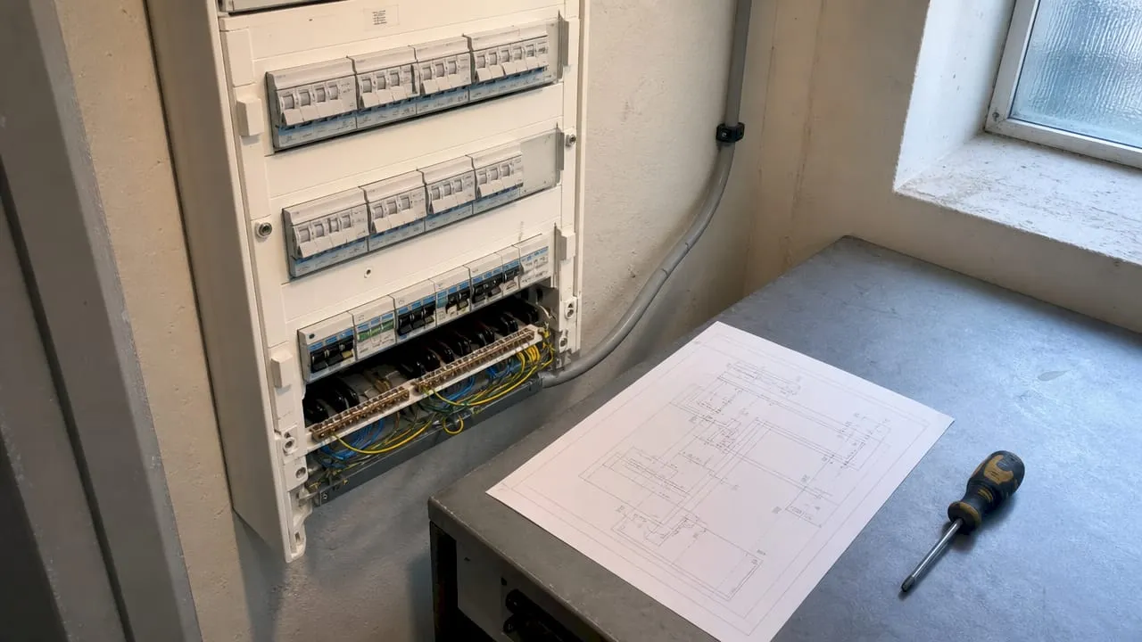 Detailopname van de meterkast en de elektrische bedrading in huis