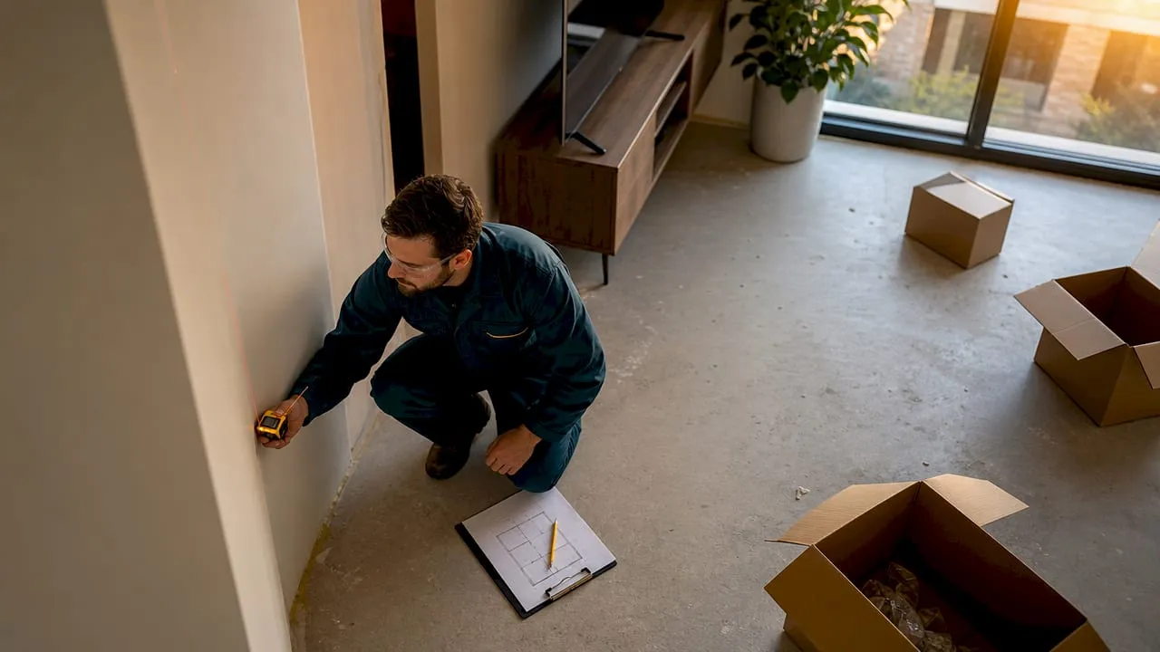 Een elektricien neemt de maten op in een kamer om een verlichtingsplan te maken.