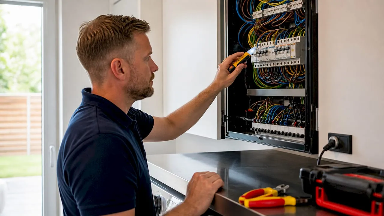 Met de handen wordt de bedrading in de meterkast gecontroleerd.