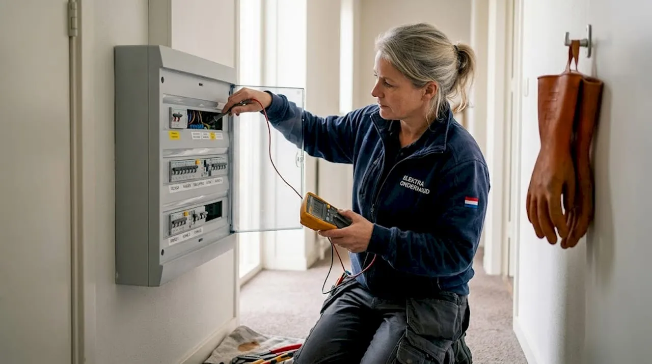 Een elektricien voert een inspectie uit aan de meterkast in huis.