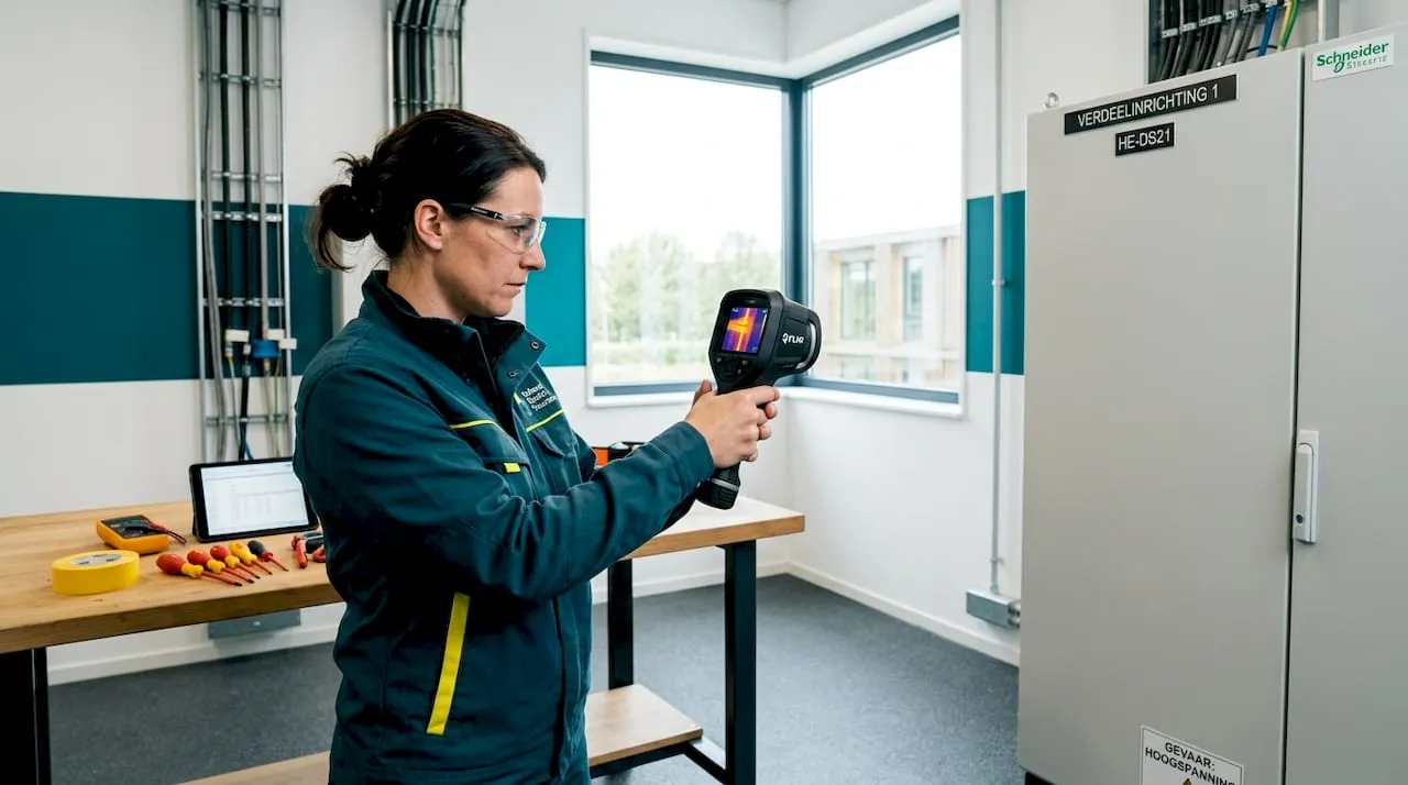 Een technicus controleert een elektrisch paneel met een warmtebeeldcamera.