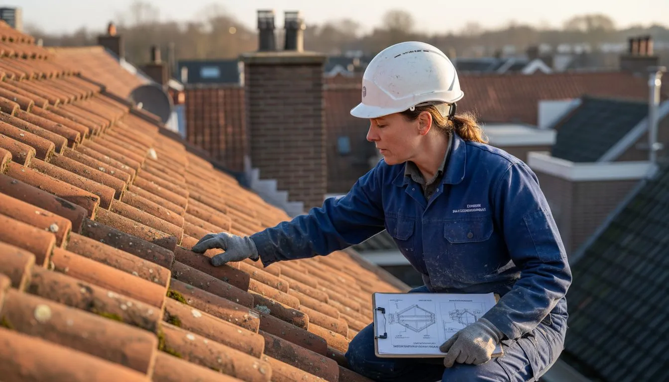 Een inspecteur beoordeelt of het dak voldoet aan de geldende bouwvoorschriften.
