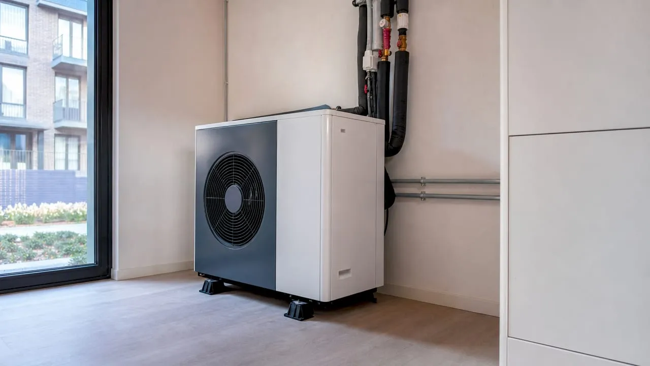 Monoblock hybride warmtepomp geplaatst in de technische ruimte