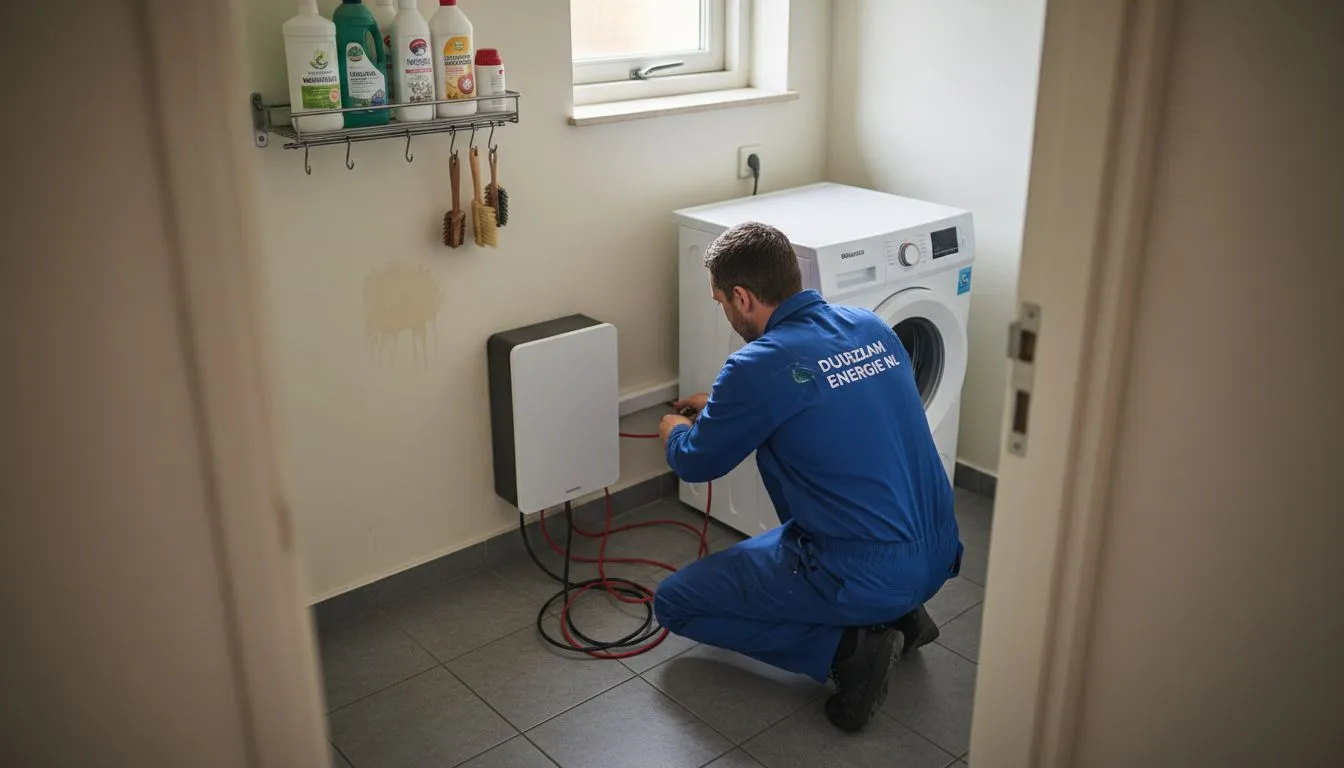 Vakman installeert thuisbatterij in de bijkeuken