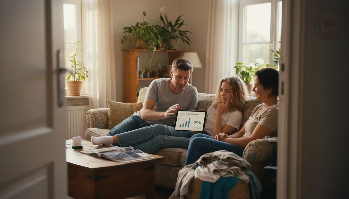 Een gezin houdt het energieverbruik in huis goed in de gaten.