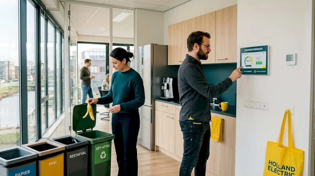 Op kantoor maken medewerkers actief gebruik van afvalscheidingsbakken en houden ze het energieverbruik nauwlettend in de gaten met een energiemeter.