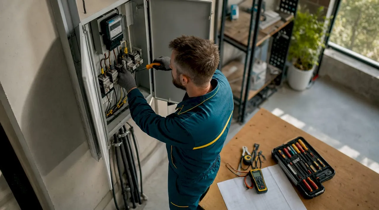 Een elektricien is bezig met het installeren van een driefasige meterkast in de werkplaats.