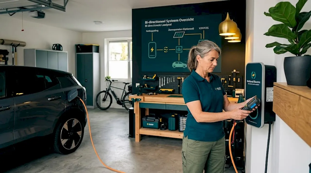 Een monteur inspecteert een bidirectioneel laadstation voor auto's.