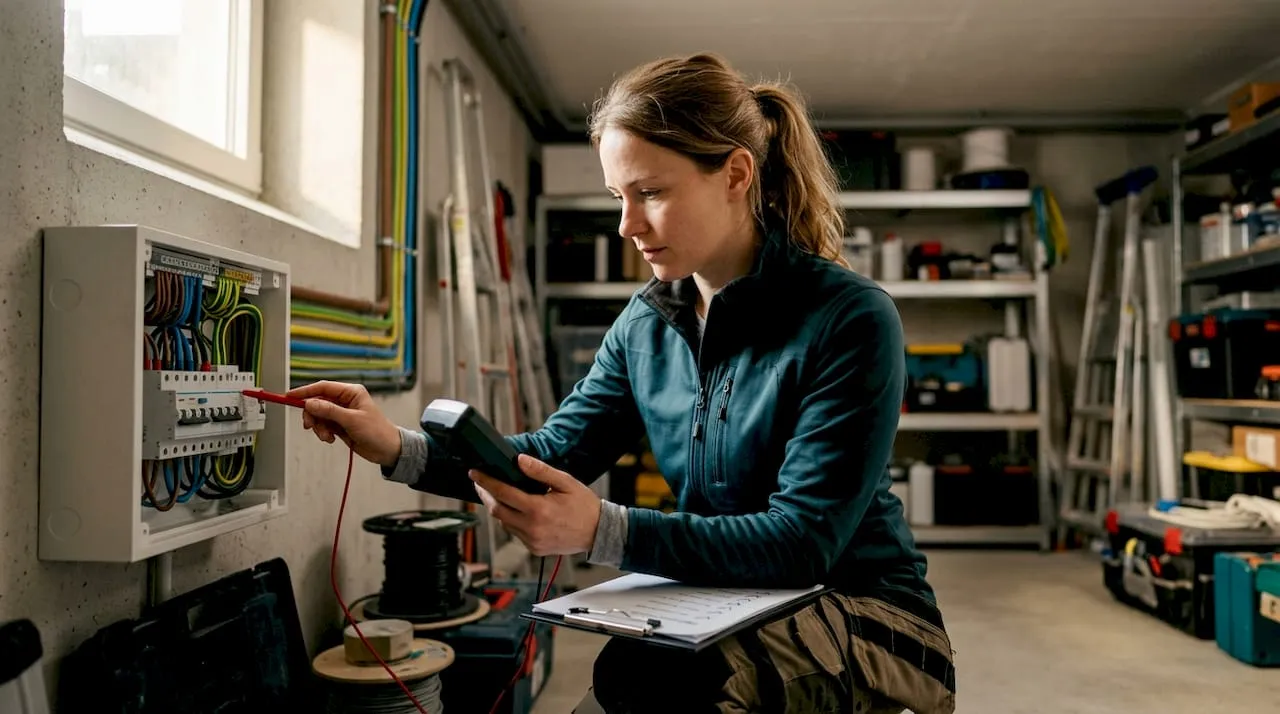 Een elektricien controleert de meterkast met een voltmeter om te kijken of alles goed werkt.