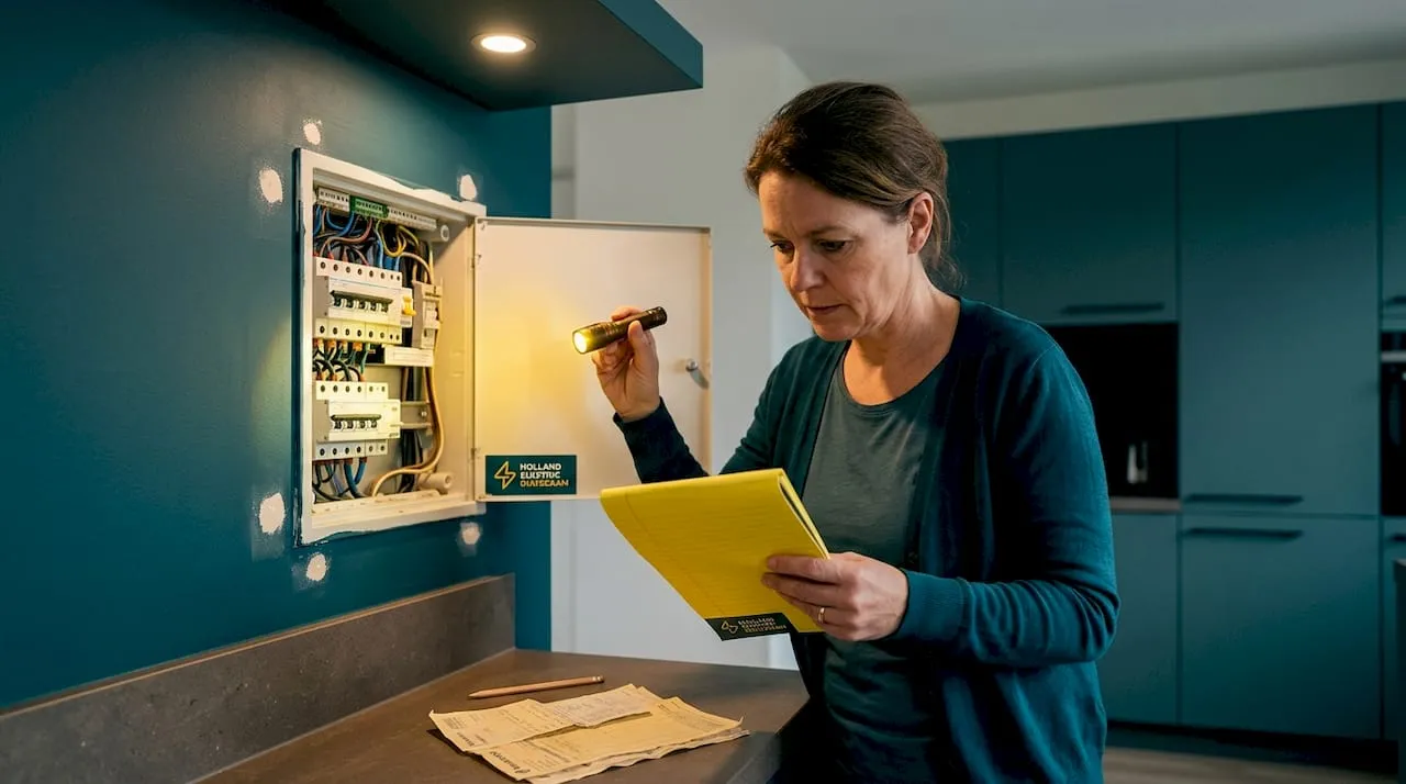 Vrouw inspecteert meterkast op tekenen van achterstallig onderhoud