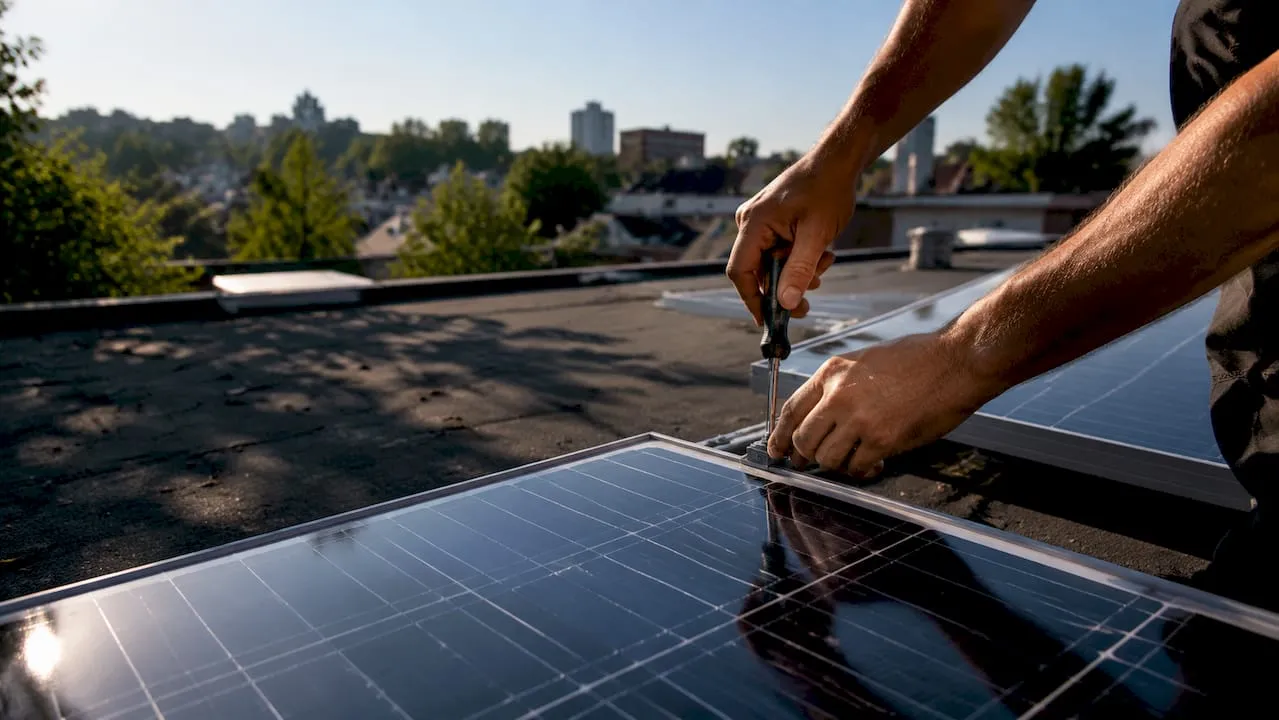 Zonnepanelen worden door vakmensen op het dak geplaatst.