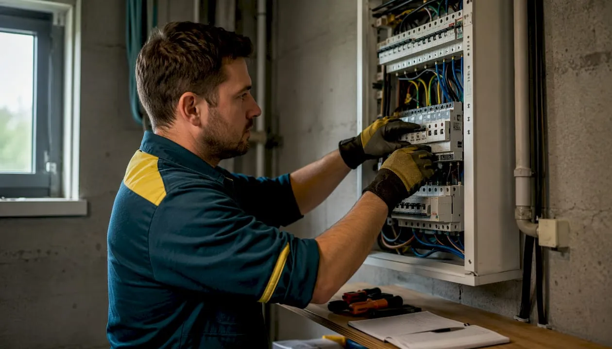 Een elektricien is bezig met het aansluiten van de meterkast.