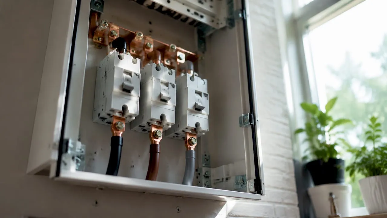 Detailopname van componenten in een drie-fasen elektrische bedrading