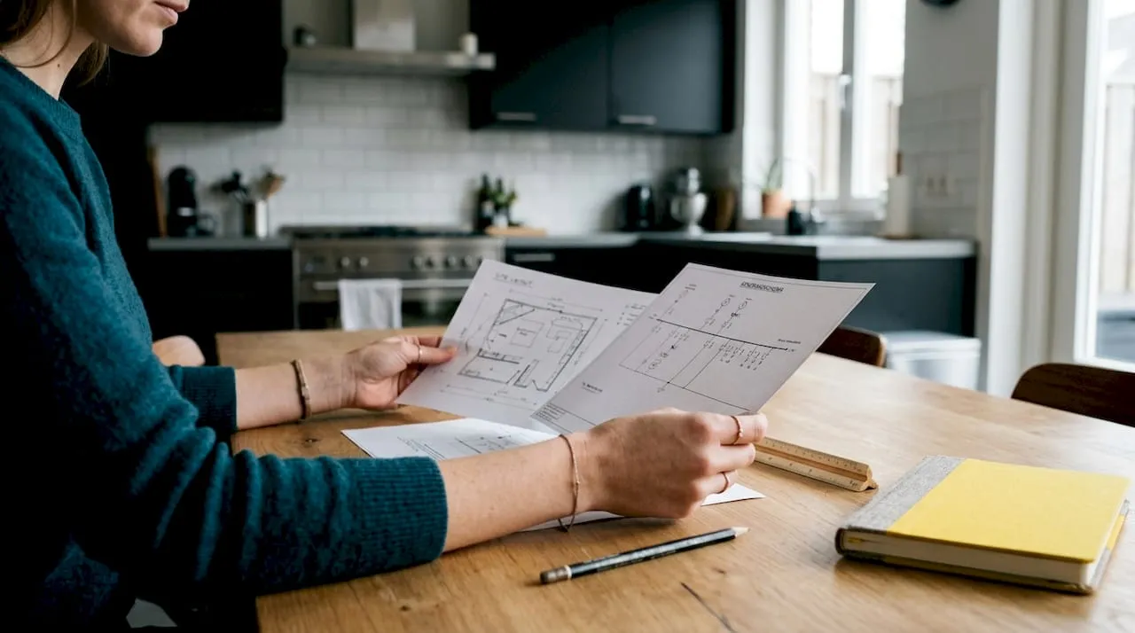 Vrouwelijke handen leggen elektrische schema’s naast elkaar