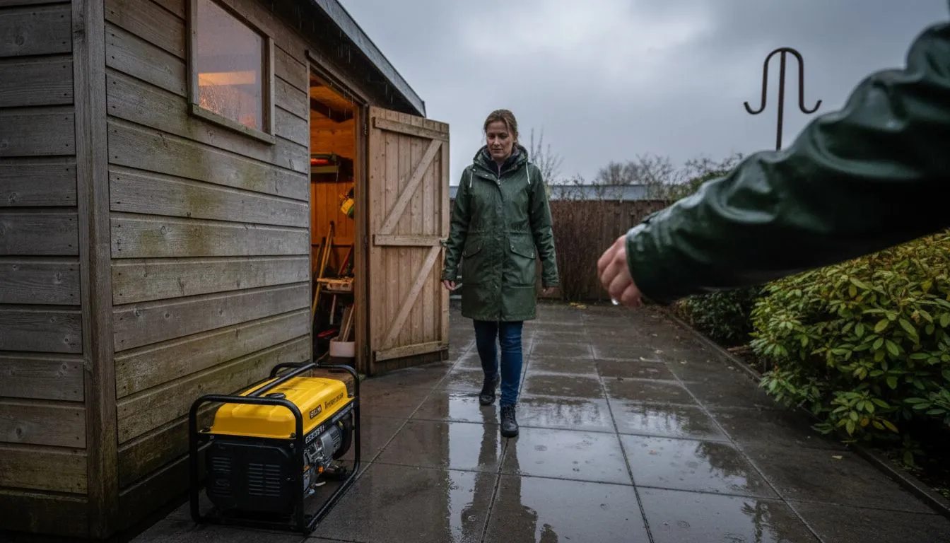 Een vrouw staat bij een generator terwijl het buiten regent.