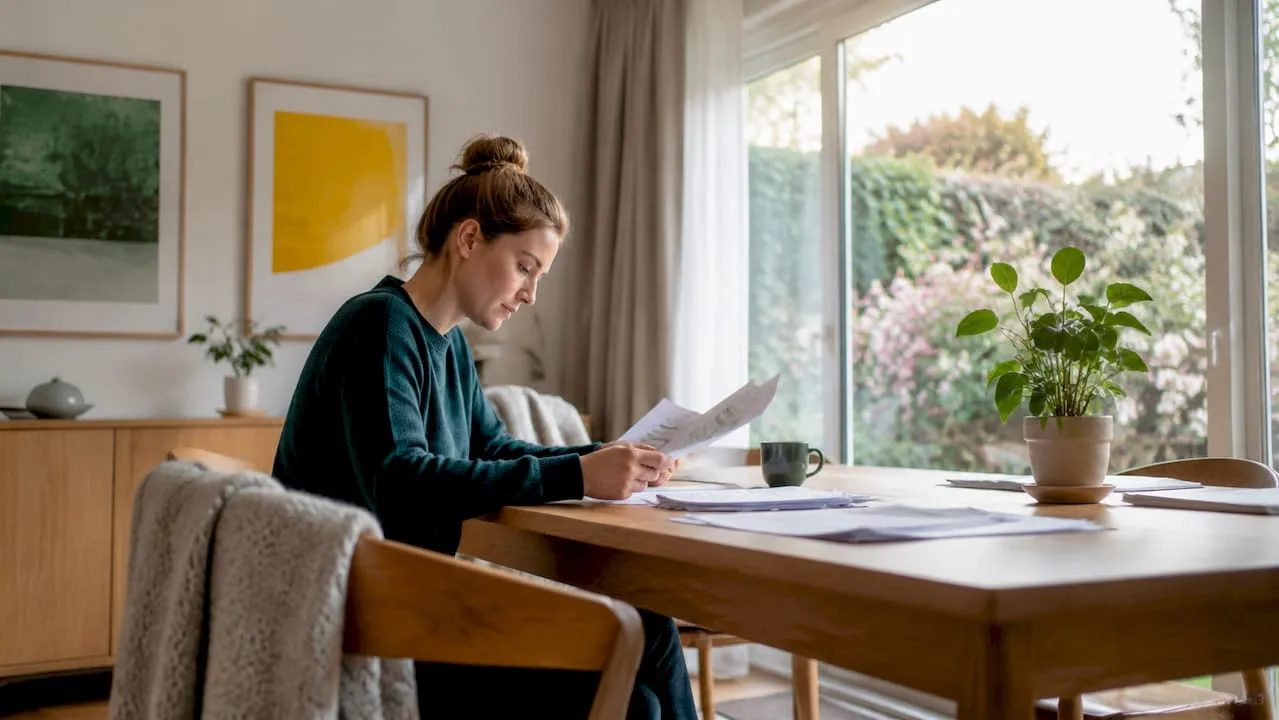 Een vrouw bekijkt energiebesparende tips terwijl ze in haar goed geïsoleerde huis zit.