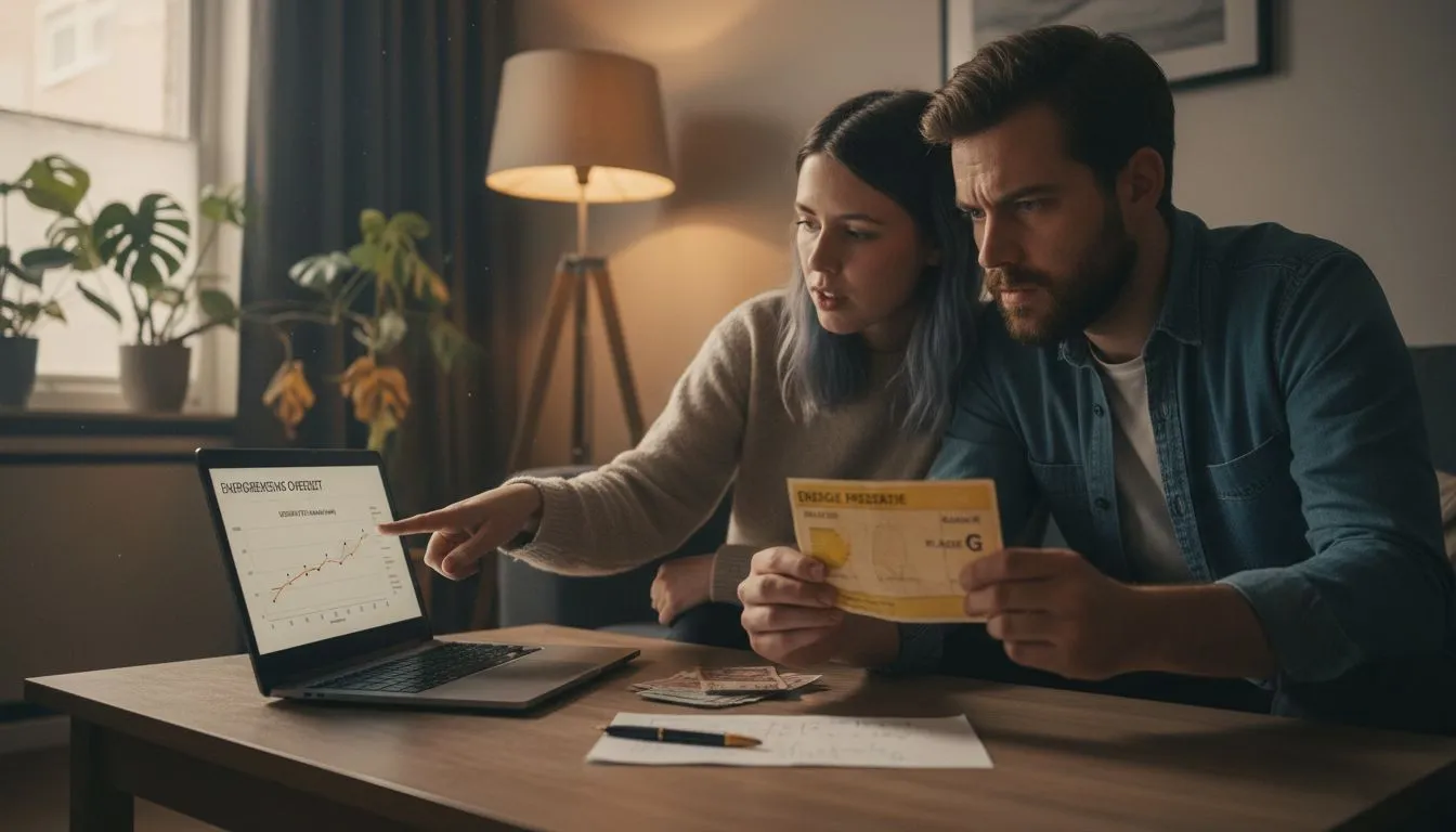 Het stel gaat in gesprek over hoe de energiezuinigheid van hun huis invloed heeft op de waarde van de woning.