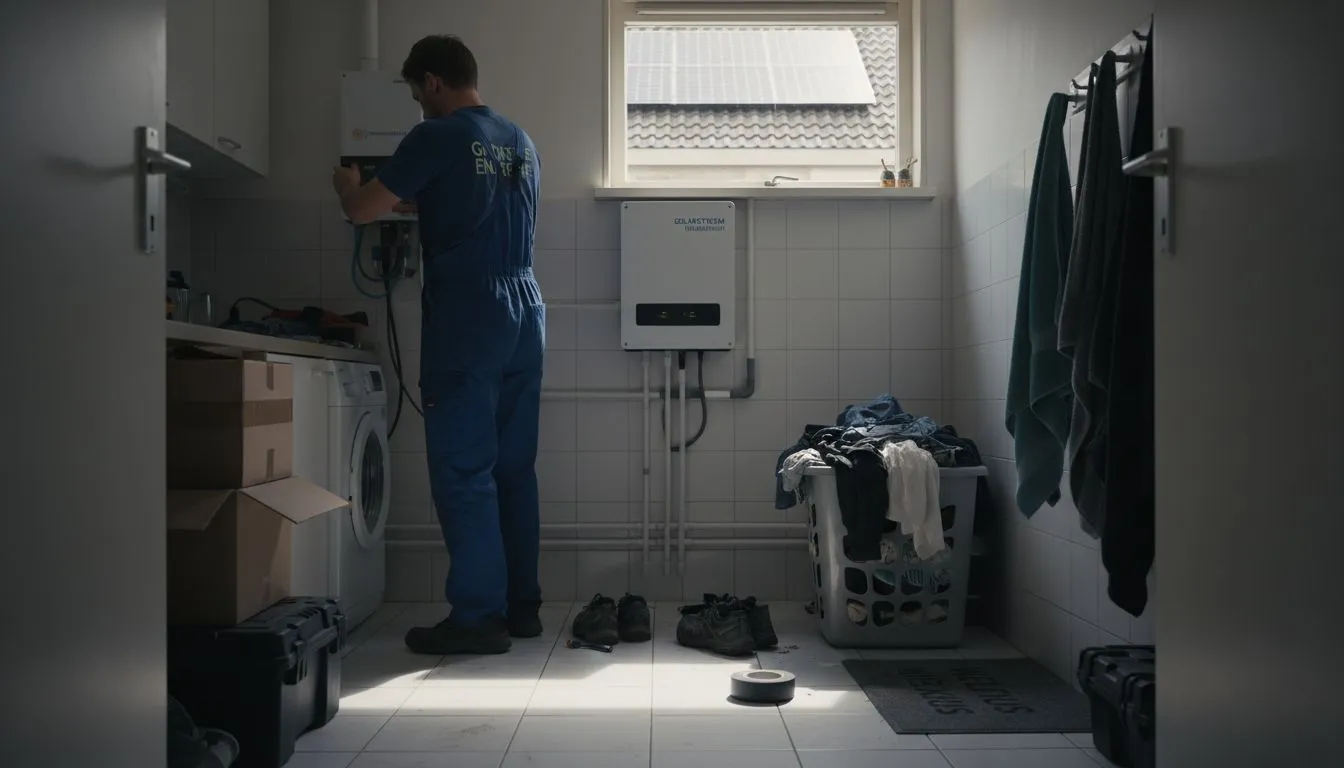 Een installateur komt langs om een thuisbatterij te plaatsen die perfect samenwerkt met de zonnepanelen op het dak.