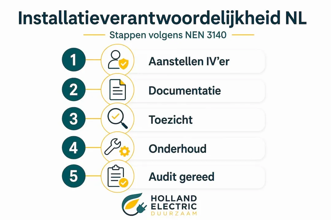 Infographic: stappenplan voor de verantwoordelijkheden rondom installatie in Nederland
