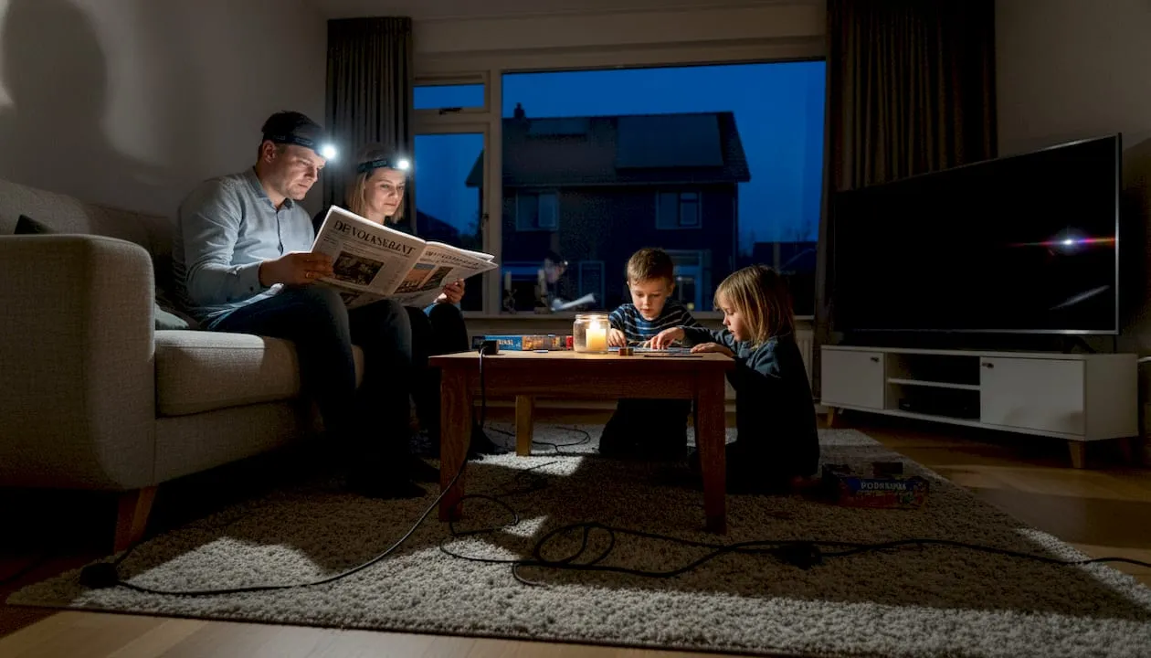 Gezin brengt avond door bij kaarslicht door een stroomstoring