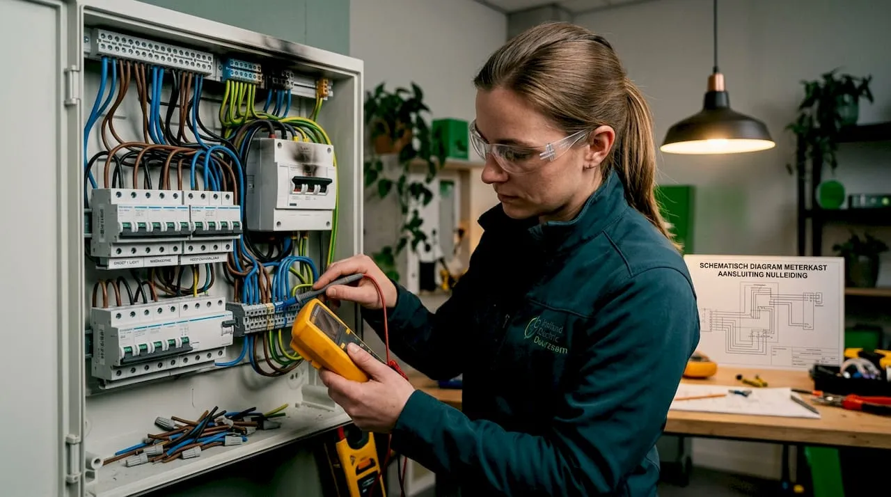 Elektricien controleert de nuldraden in de meterkast