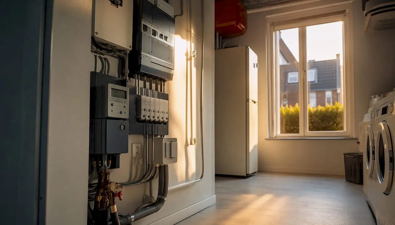 Stroommeter en groepenkast in de meterkast van een woning