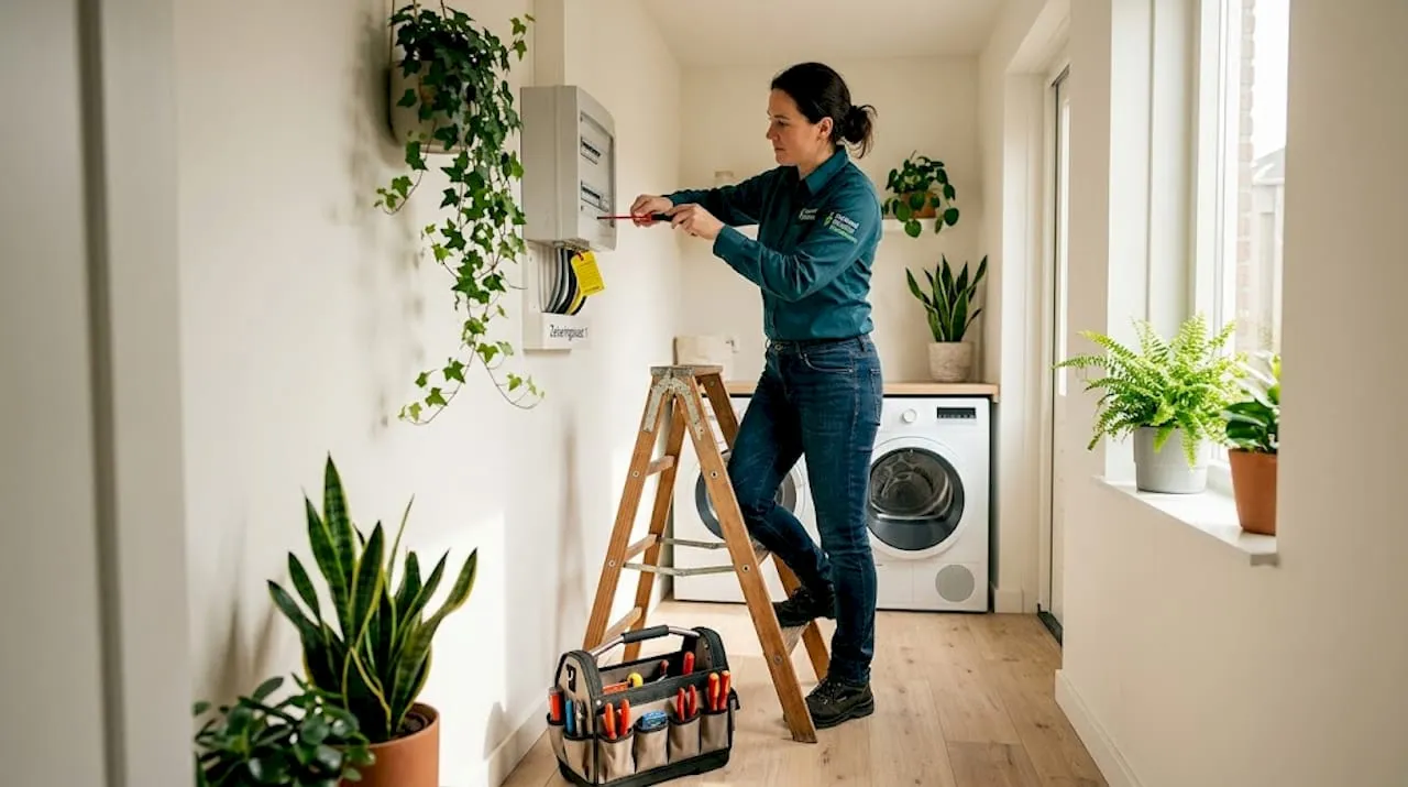 Een elektricien voert werkzaamheden uit aan de meterkast in huis.