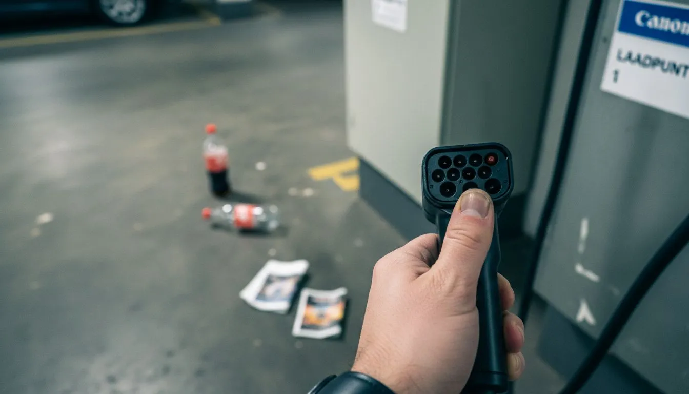 Een hand die een CCS-stekker insteekt bij een laadpaal