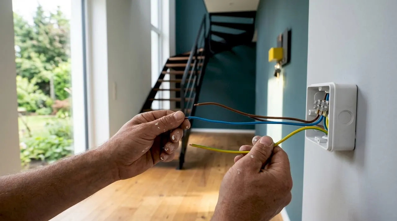 Handen laten de kleurcodering van Nederlandse elektriciteitsdraden zien